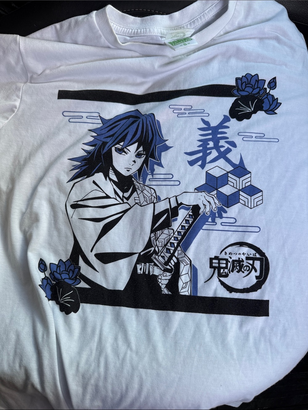 White Graphic Men’s Shirt with Blue & Black Anime Giyou Tomioka Demon Slayer
